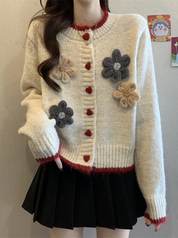 

Women's Long Sve ort Cardigan Sweater Spring Autumn Winter Love Button Floral Design ular Sle Casual Inner Wear Cotton