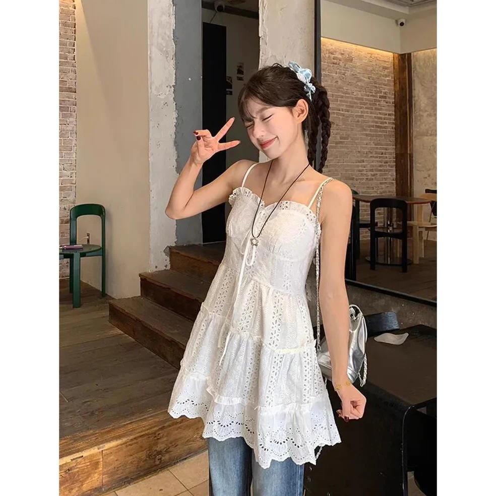 Lolita Women Slip Dress Summer Sleeveless V-neck Lace Up Ruffles White Sundress Female Sweet Slim Beach Dresses vestido E306