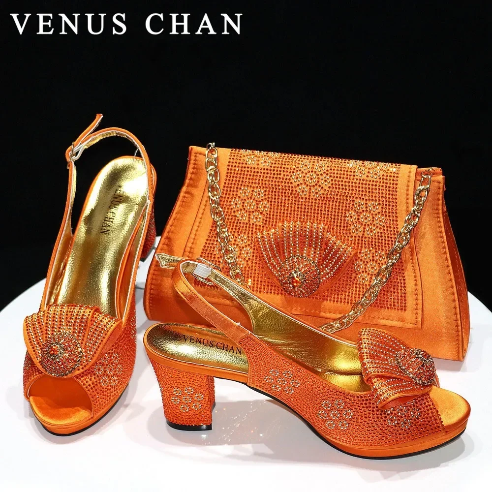 Venus Chan-Conjunto de zapatos y bolsos italianos para fiesta de noche con piedras, tela de satén italiano, lazo de diamantes de imitación, bolsos a