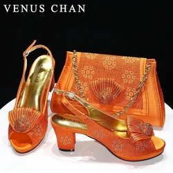 Venus Chan-Sapatos italianos e conjuntos de bolsas para festa à noite, bolsas de strass, bolsas de fósforos, pedras, pano de cetim, 2024