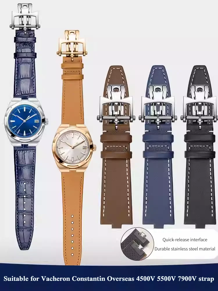 Bracelet de montre en cuir de vache véritable lisse de 24mm, pour Vacheron Constantin Overseas 4500V 5500V 7900V, bracelet de remplacement