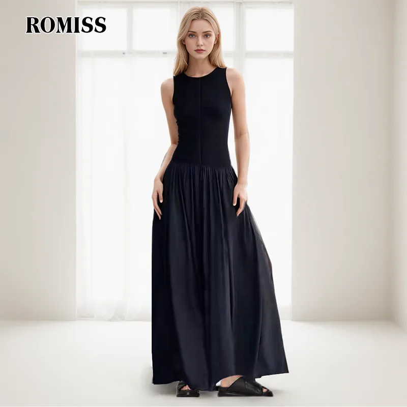 ROMISS Pleated Sundresses For Women Round Neck Sleeveless Off Shoulder High Waist Slim Minimalist Summer Dress Female 2024 New