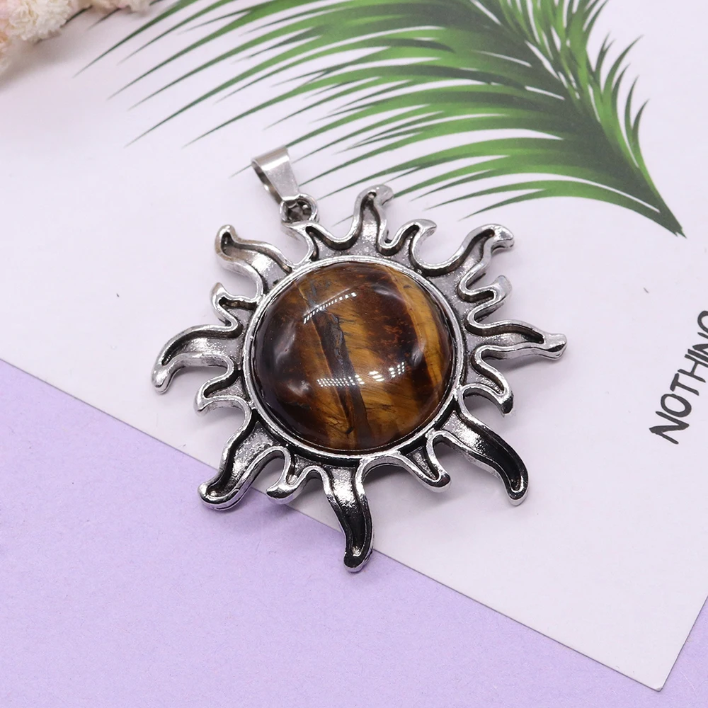 Fashion Natural Stone Pendant Quartz Crystal Tiger-eye Plated Silver Alloy Sun Pendants for Jewelry Making Necklace Accessories