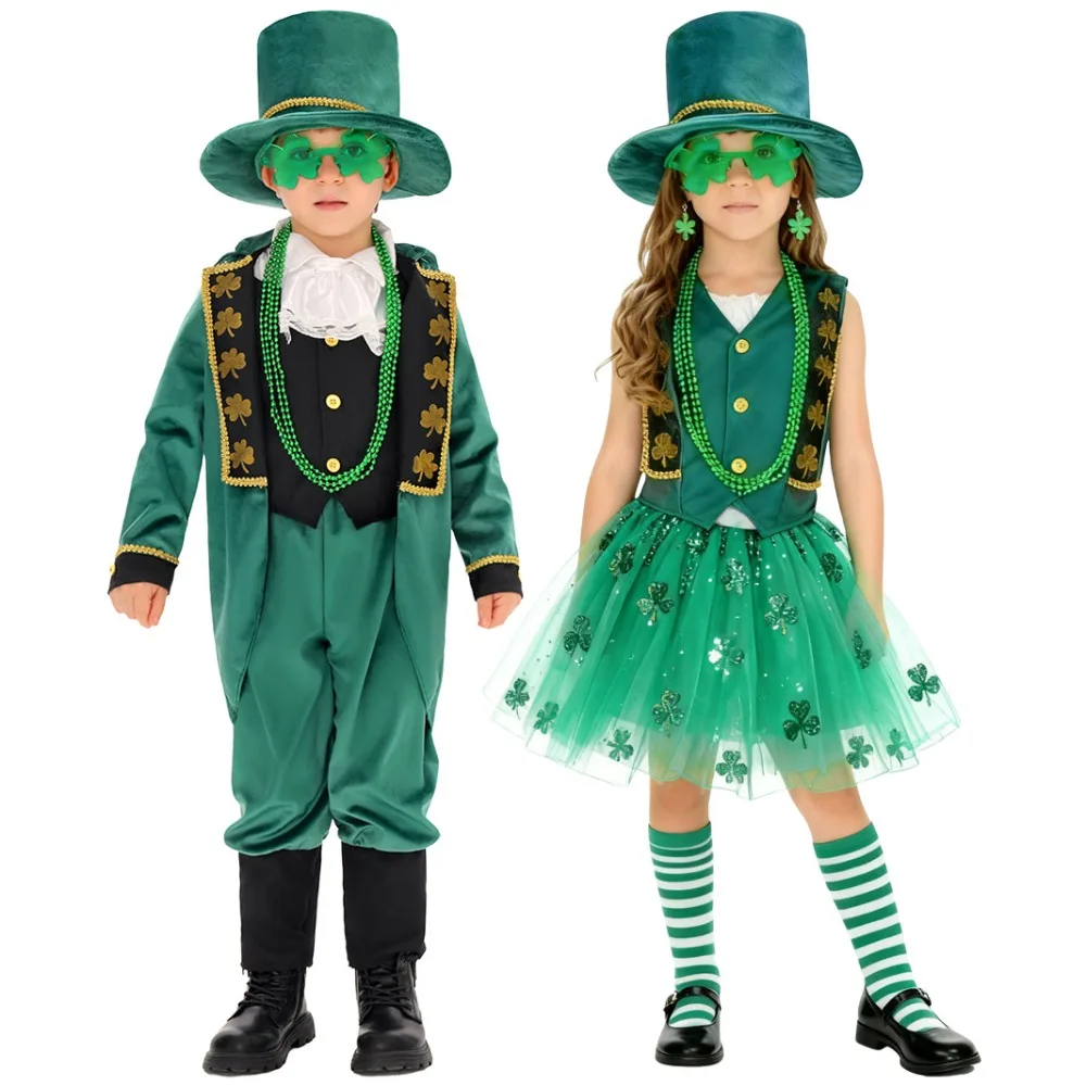 Disfraz del Día de San Patricio, disfraz de Cosplay para niños, vestido de trébol verde irlandés para niñas, uniforme de trébol de la suerte, traje para actuación en escenario