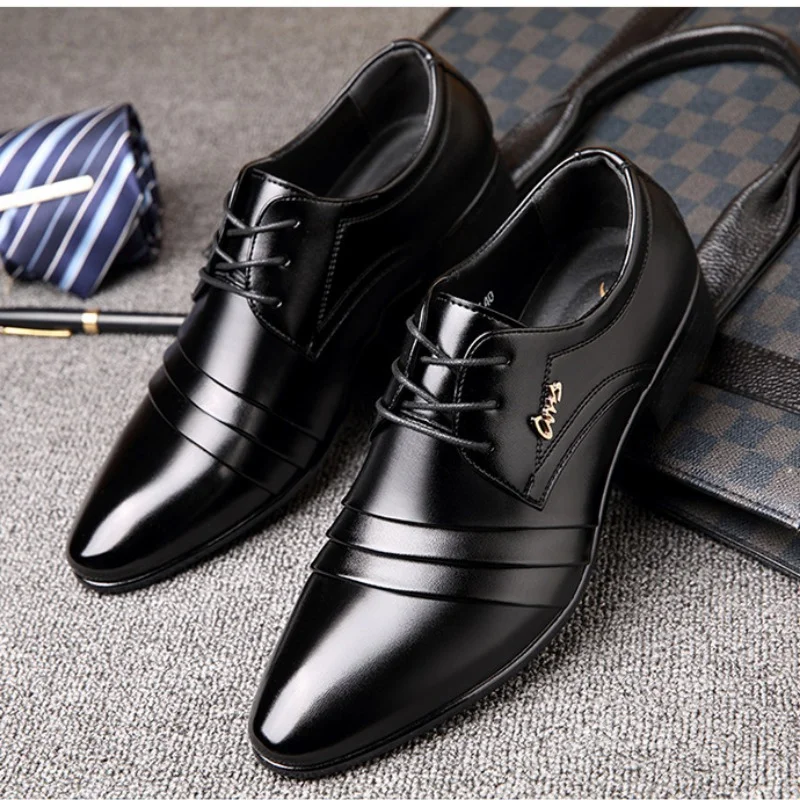 Men\'s Business Leather Shoes Casual Pointed Toe Formal Leather Lace-up Sleeve Low Top Plus-size Shoes Wedding Shoes for Men