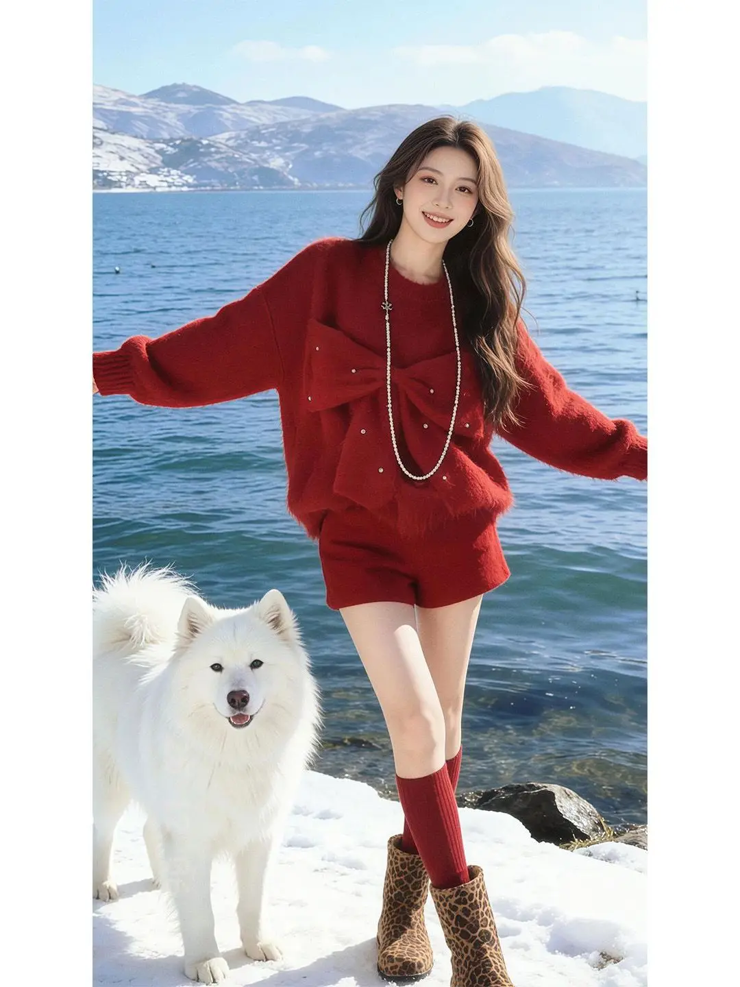 

Red Sweater Shorts Set New Year Festive Fashionable Autumn Winter High Quality Elegant Complete Outfit Women's Casual Wear