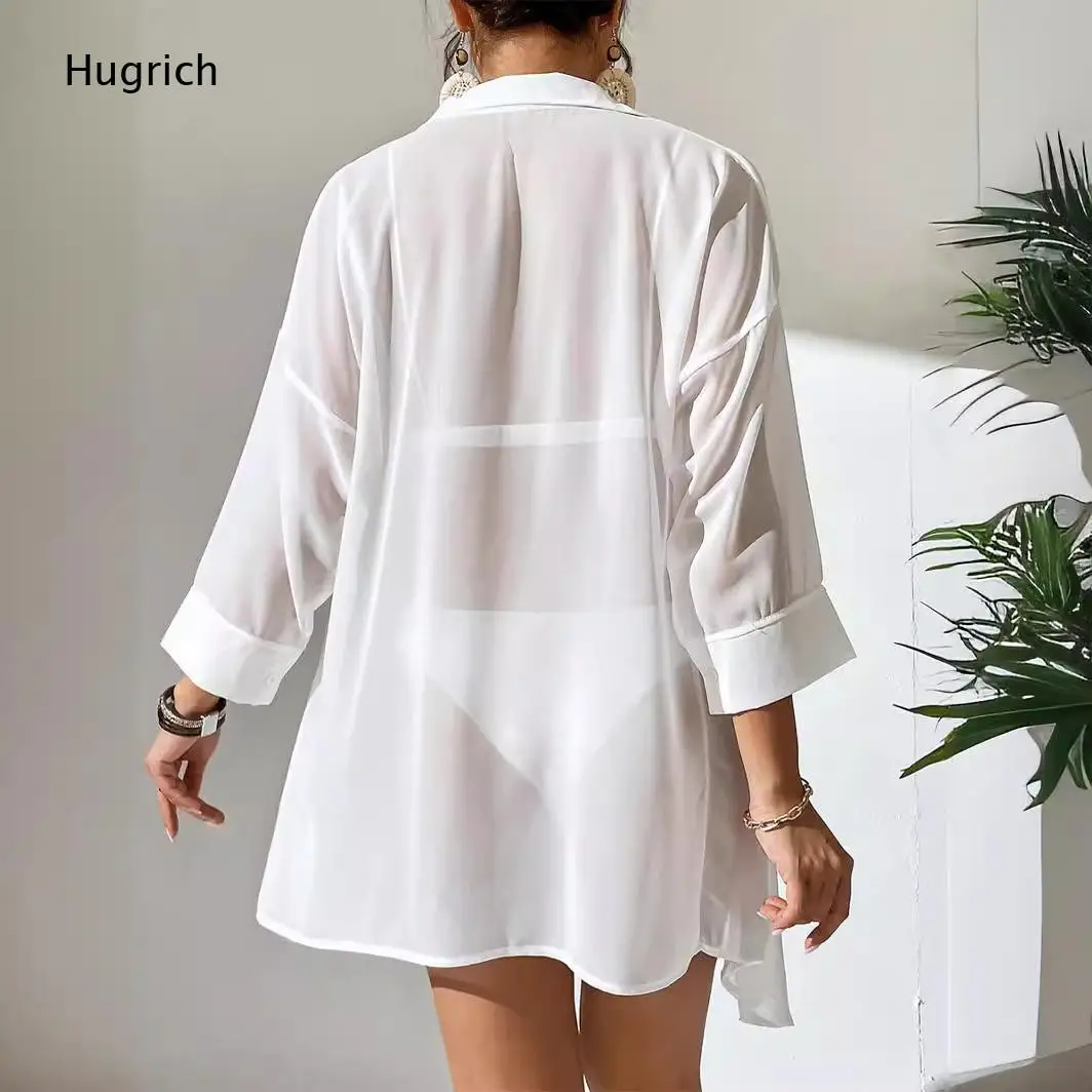 Solid White Oversized Shirt Beach Cover Up Collared Three Quarter Cuff Sleeve Button Down Loose Sheer Swim Outer Tunic