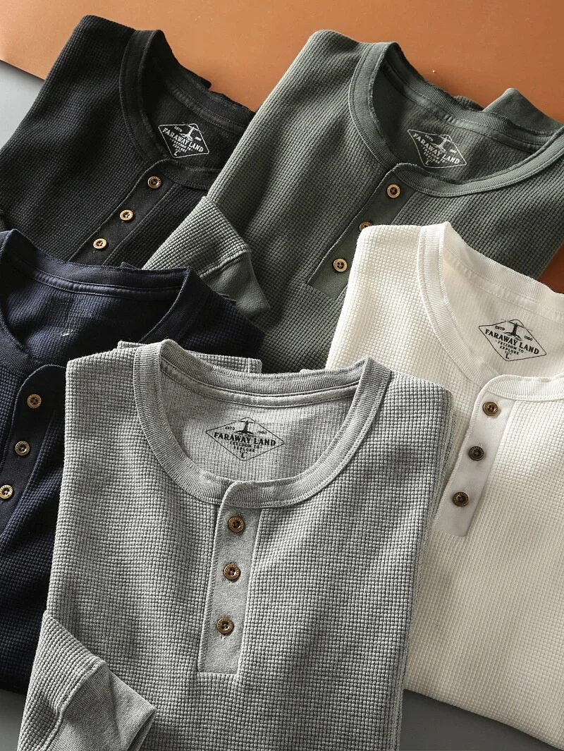 

Retro American Sle Men's Casual Long Sve Knitted T-irt Henry Collar Base irt Spring Autumn Season Breathable Cotton ...