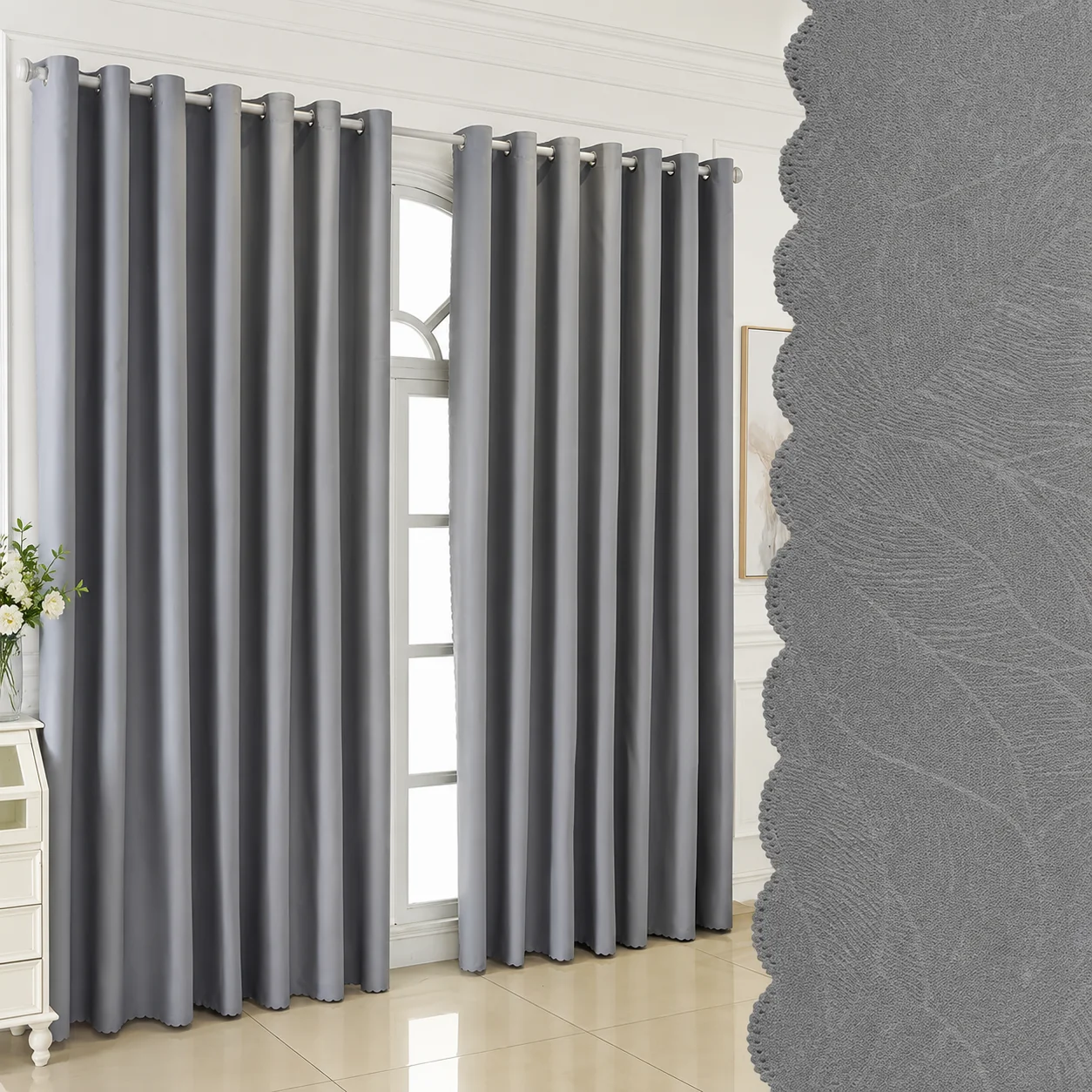 1pc Low-saturation Grey Textured Leaf Jacquard Curtain, Wave Hem, Log Style Soundproof Sun Shade for Bedroom & Study