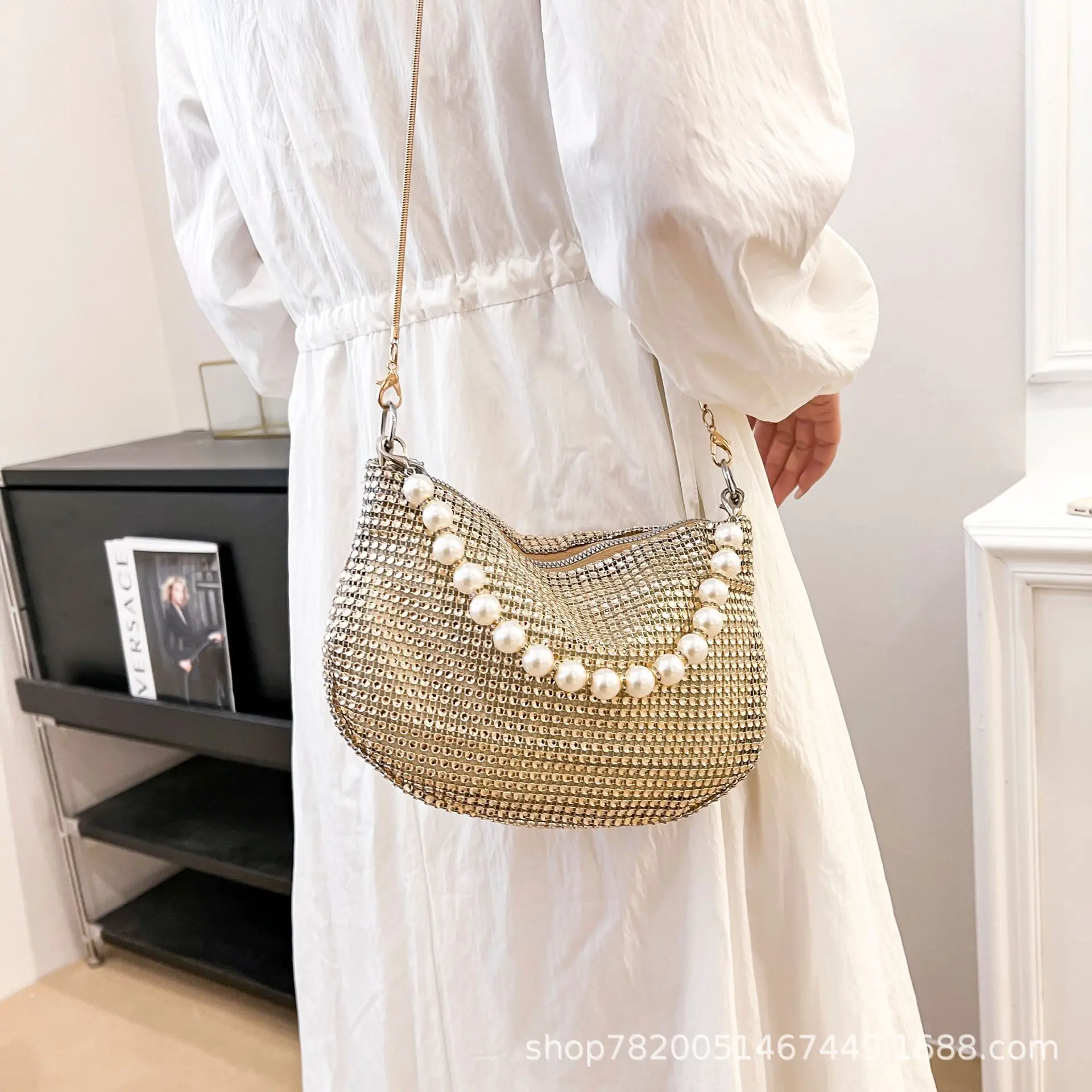 Shining Crystal Ladies Handbags Gold Silver Color Fashion Chain Shoulder Bags For Women Banquet Party Clutches Pearl Handbags