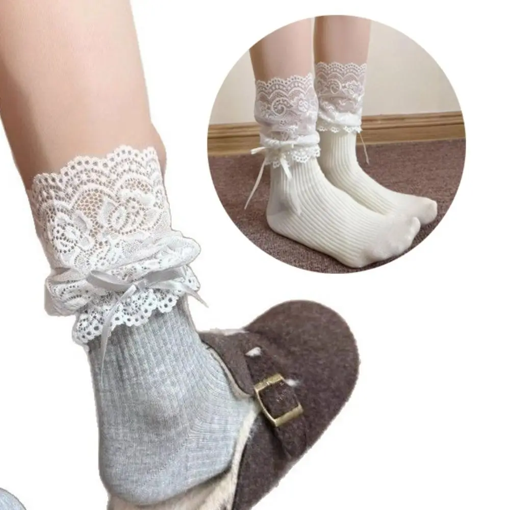 

A Pair Sweet Lace Edge JK Socks Bow Decoration Breathable Mid Tube Socks Slouch Style Comfortable Calf Socks Women