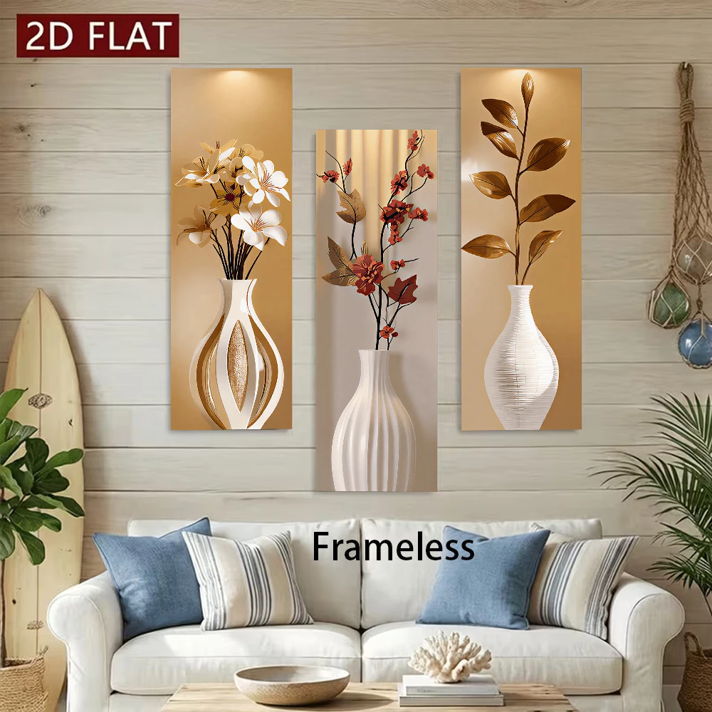 1 set of new Chinese style triple frameless wall stickers, sofa background wall stickers, bedroom entrance murals, flower vases,