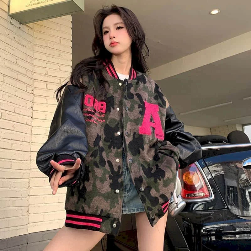 

Jackets for Women Camouflage Loose Baseball Jackets Patchwork Harajuku Casual Cardigans Long Sleeved Vintage Coats Women Tops