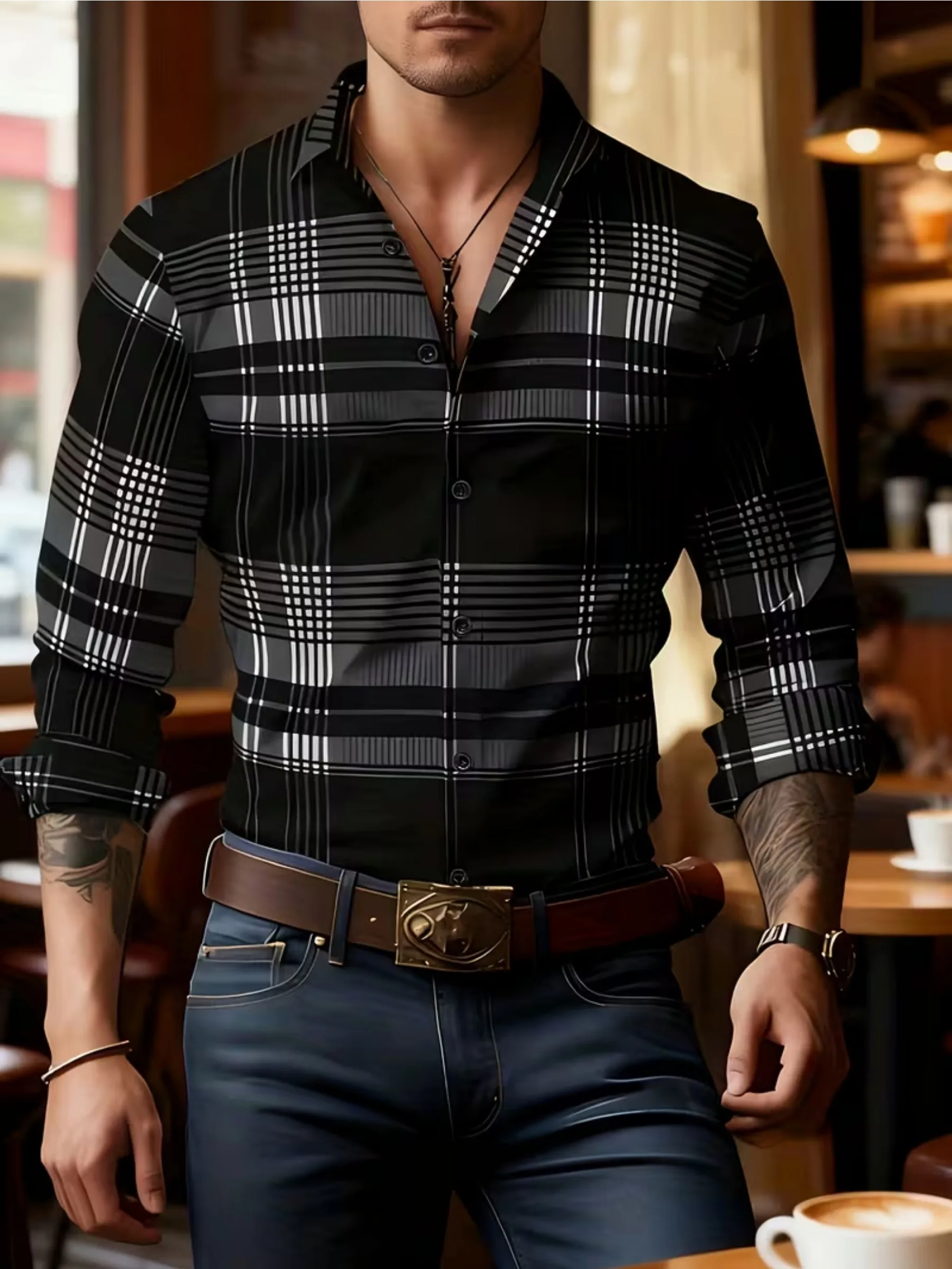 

Мужская осенняя новая рубашка с 3D цифровым решетчатым узором и пуговицами с длинным рукавом, мужская деловая повседневная рубашка с лацканами, топы