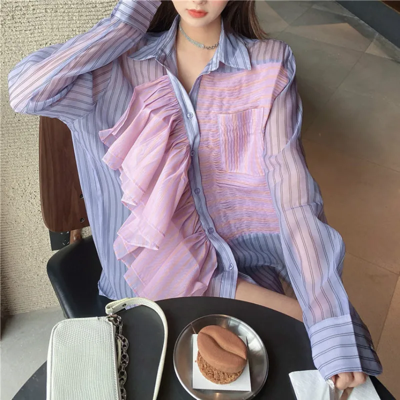 Fairy Long-sleeved Chiffon Shirts Ruffles Blouses Female Autumn Loose Pleated Single-breasted Lotus Cardigan Crop Blusas Mujer