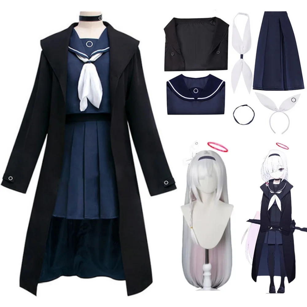 

Anime Blue Archive Cosplay Prana Costume Women Girls Prana Blue Dress Suits Black Trench Halloween Costume Headwear Bowknot Wig
