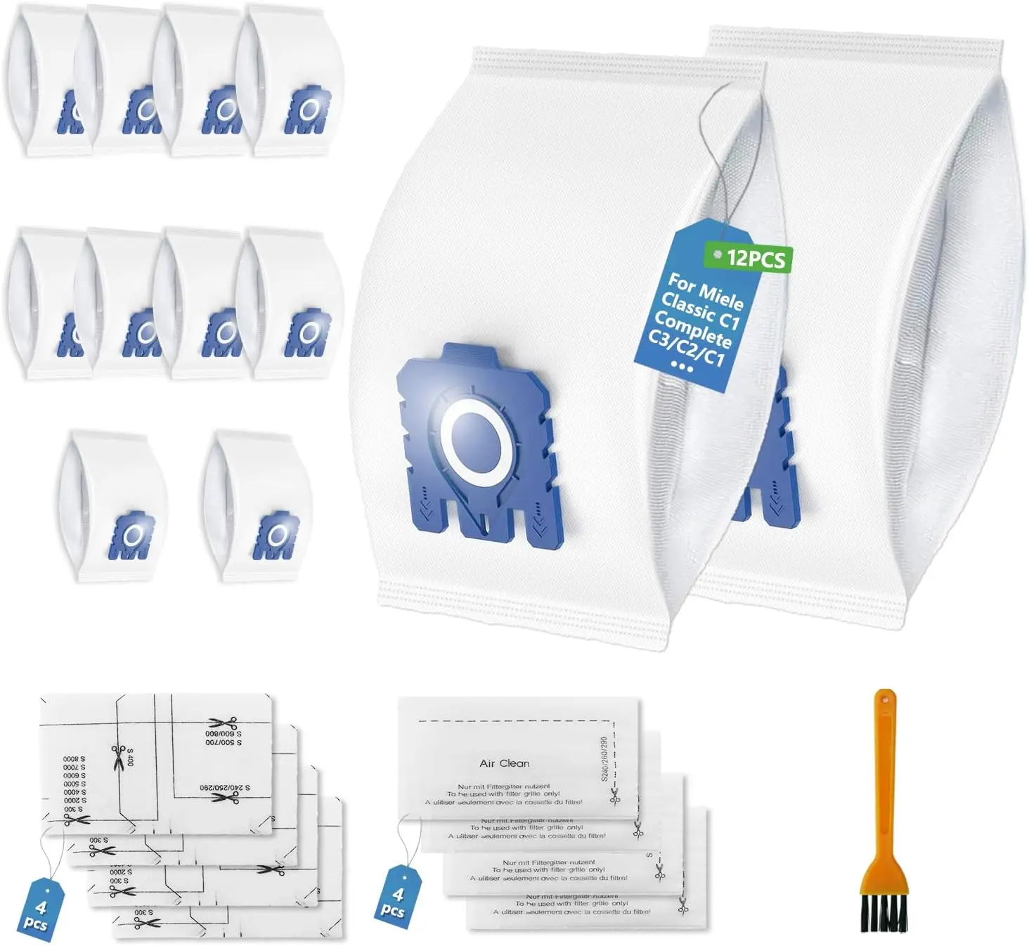 12 bolsas para aspiradora Miele S8340, S8360/Complete C3/Classic C1/Hyclean GN y Pure Bag, 4 filtros de motor + 4 filtros de escape