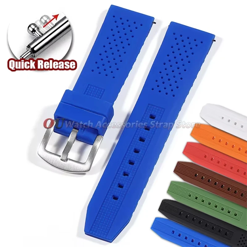 Bracelet de montre en silicone pour Seiko et Omega, 16mm, 18mm, 20mm, 22mm, 24mm, à libération rapide, respirant, en caoutchouc souple, pour femmes et hommes