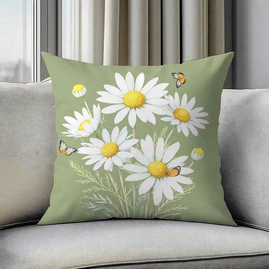Daisy Flower Cushion Cover Yellow Background Pillow Case for Living Room Bedroom Home Decor Soft Polyester