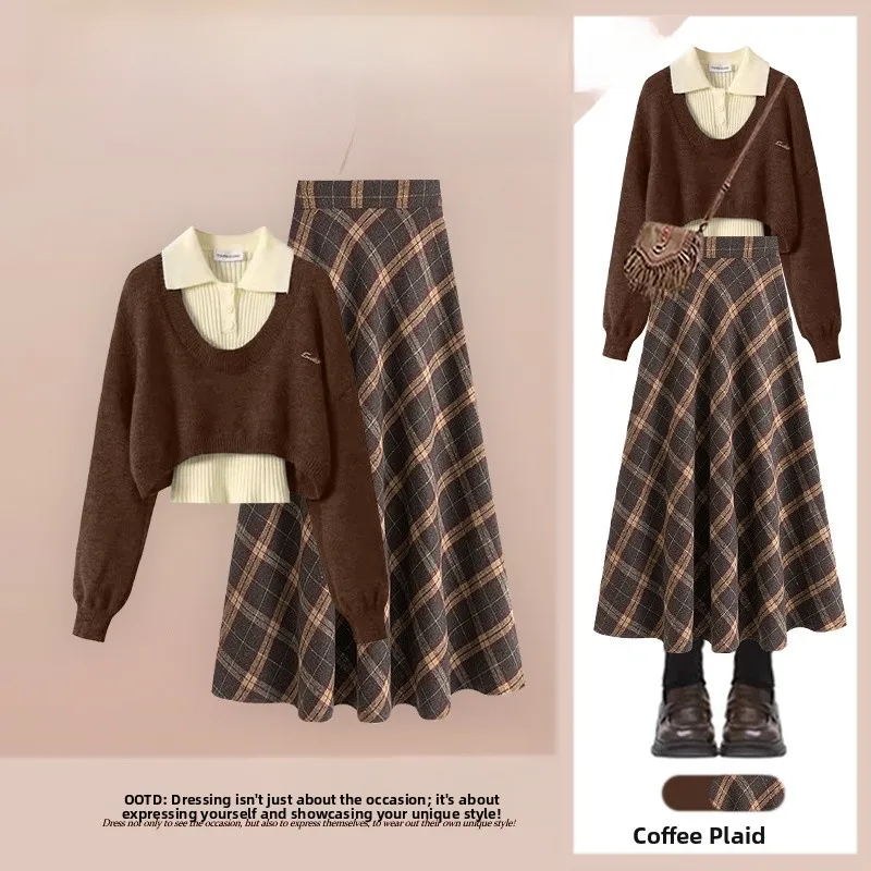 Conjunto de dos piezas de falda y camiseta a cuadros de punto estilo retro para mujer, novedad de primavera, de alta calidad, tallas grandes, online.