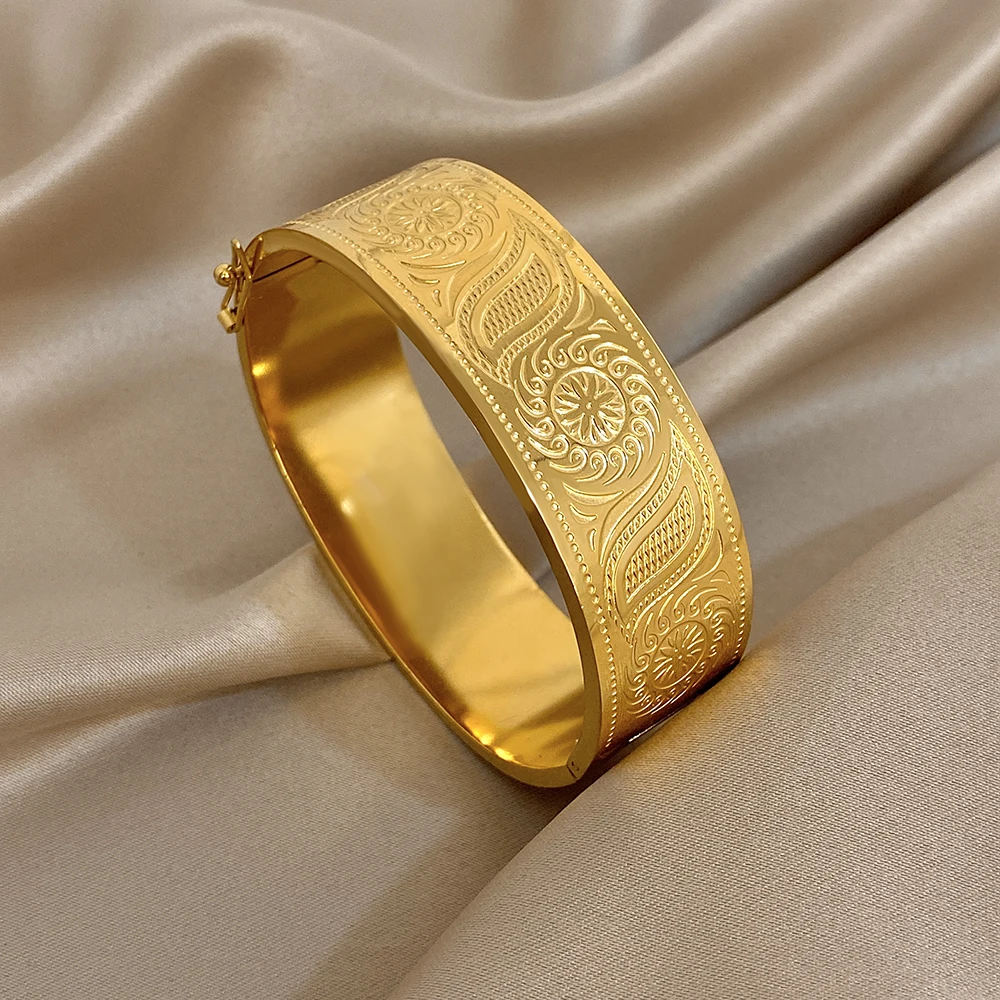 Greatera 60/65mm Retro Sun Print Wide Bracelet Gold Color Non-Fading Exquisite Carving Chunky Stainless Steel Women Cuff Bangle