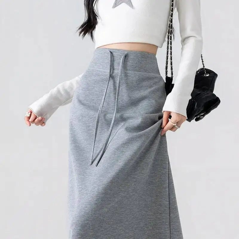 

2026 Spring Women Cotton Skirt Solid Color Drawstring Draped High Waist Casual Gentle Loose Versatile