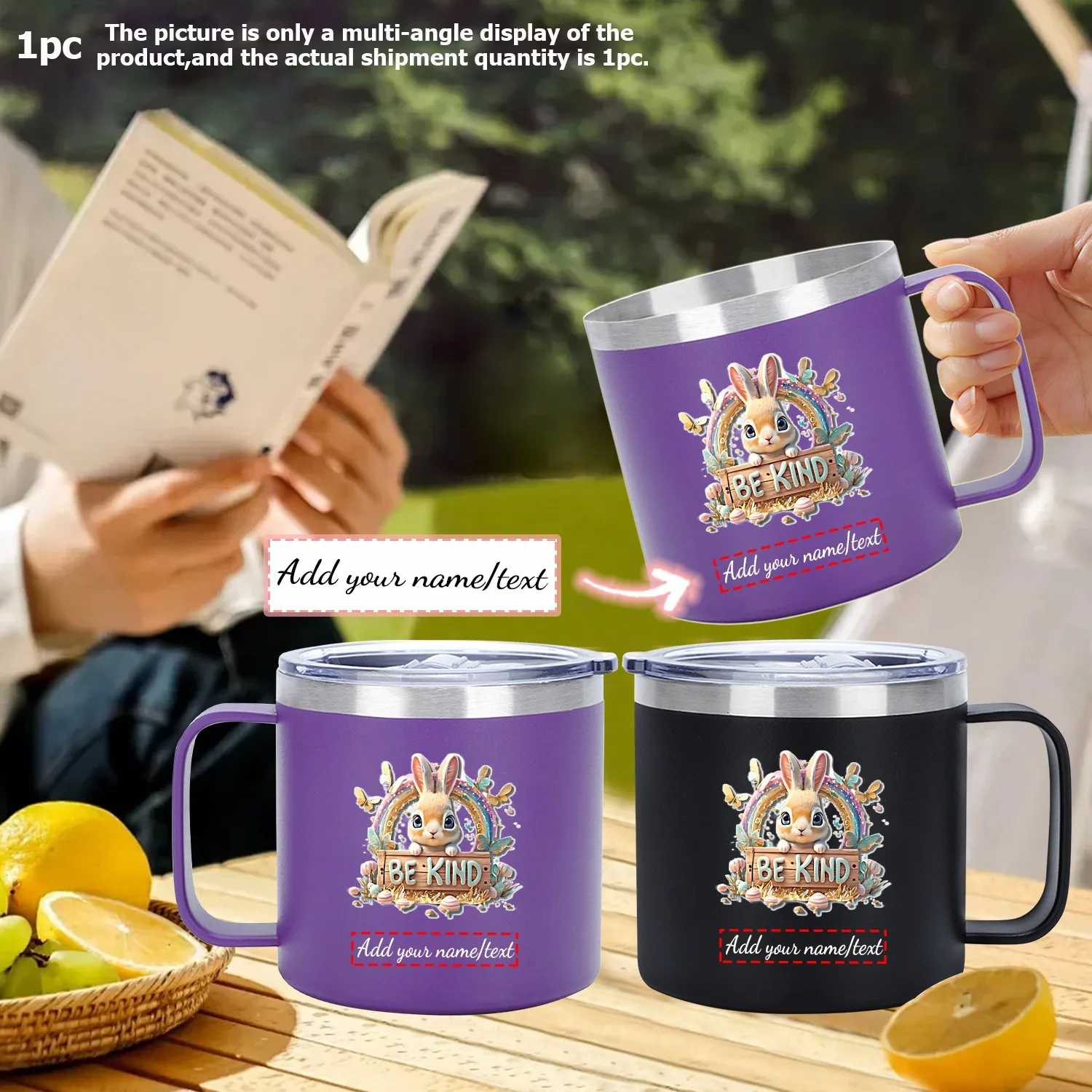 

14oz Customize Name Printed Easter Bunny Stainless Steel Inner Wall Coffee Mugs with Handgrip Lid Office Home Casual Water Cups