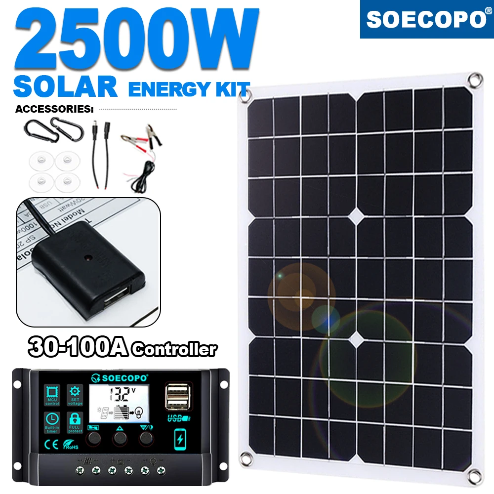

2500W Complete Solar System With Controller Set USB Solar Panel 100A Controller Inverter 12V/24V for Home RV Camping Waterproof