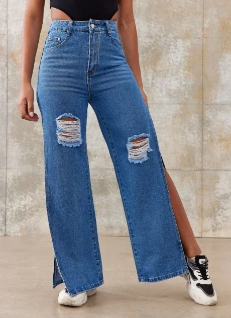

CPSYMYM Women's Jeans Spring Side Slit Casual High Waist Button Pocket Design Solid Color Daily Long Jeans Y2K Streetwear