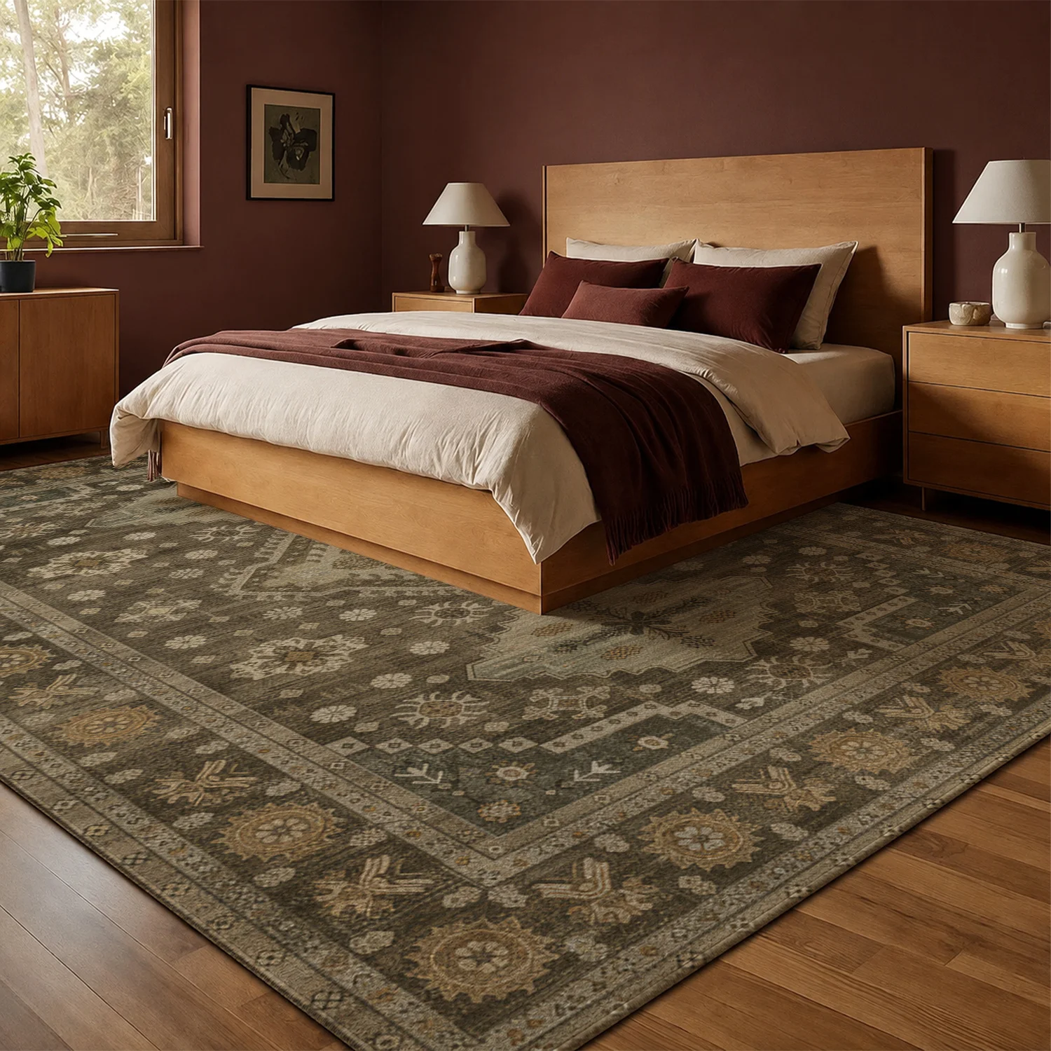 Large Indoor Area Rug, Soft Velvet Low Pile with Non-slip Dotted Backing, Machine Washable Vintage Tribal Pattern Floor Carpet, Muted Earth Tone Rug for Living Room, Bedroom, Entryway