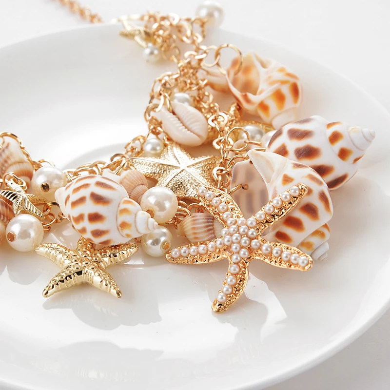 Aihua Böhmen Gold Farbe Imitation Perle Muschel Shell Seestern Halskette für Frauen Halsband Halskette Kragen Sommer Strand Schmuck – Detail 8