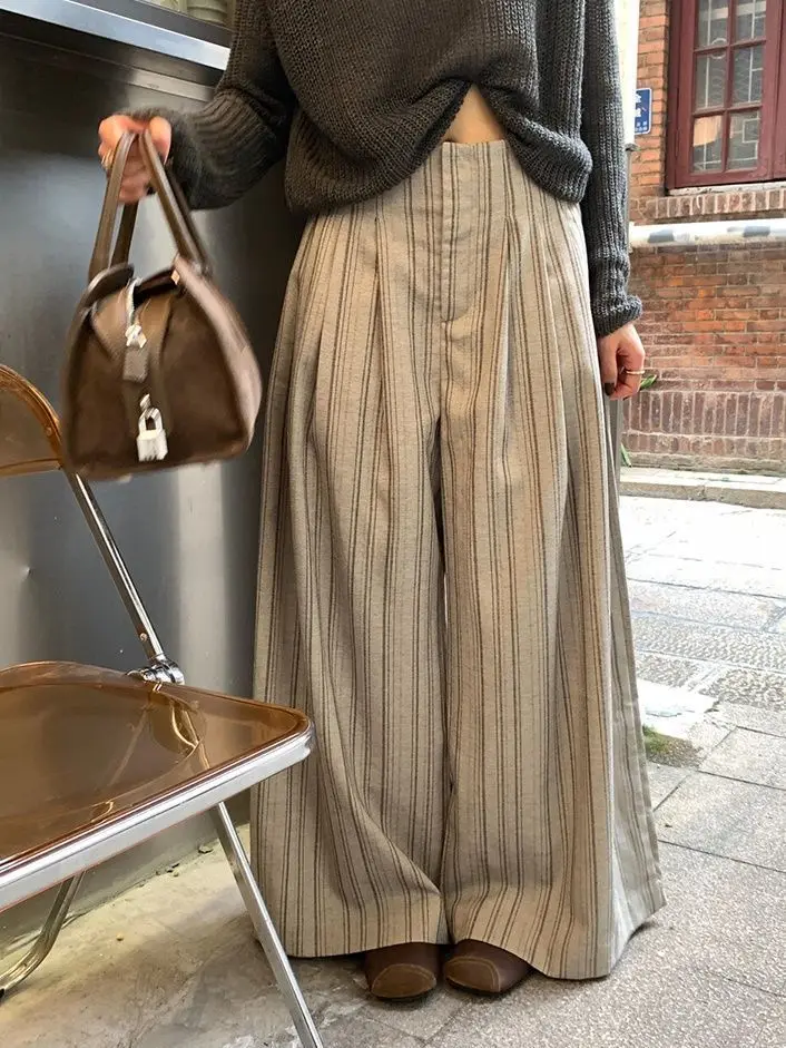 Simple Elegant Daily Commute Striped Wide-Leg Pants for Women Early Autumn New High-Waisted Slimming Floor-Length Pants
