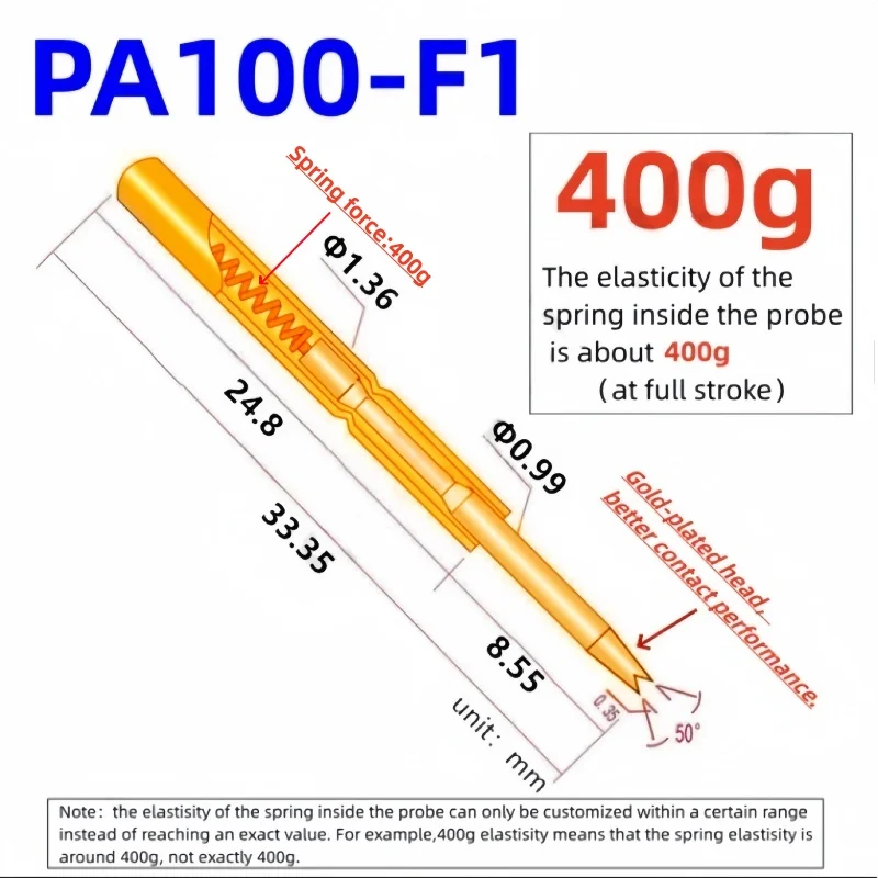 20/100PCS 400g PA100-F1 Spring Test Probe PA100-F Test Pin P100-F P100-F1 Test Tool 33.35mm 1.36mm Needle Gold 0.99mm Pogo Pin