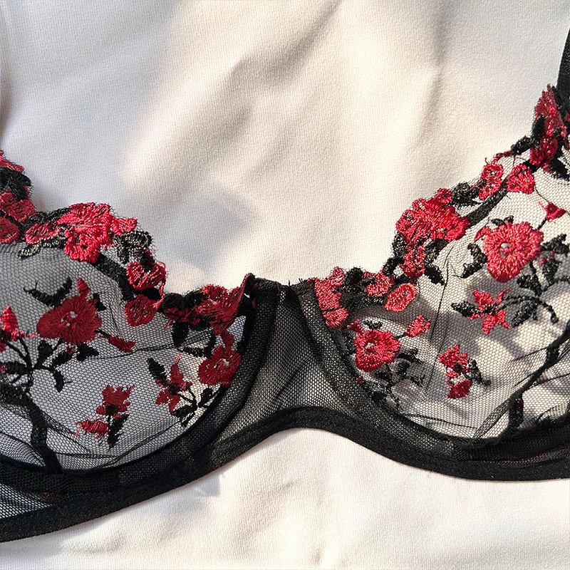 Sexy Underwear For Women Transparent Embroidered Small Flowers Bra Hot Lingerie Panties Intimates Woman Two Piece Set Clothing