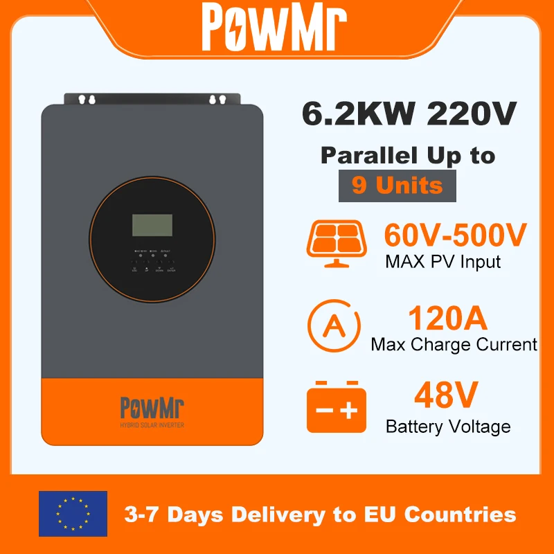 PowMr 6.2KW Inverter solare ibrido 48V 220V Off On Grid Inverter con caricabatterie MPPT 120A Funziona senza batteria parallela Fino a 9 pezzi