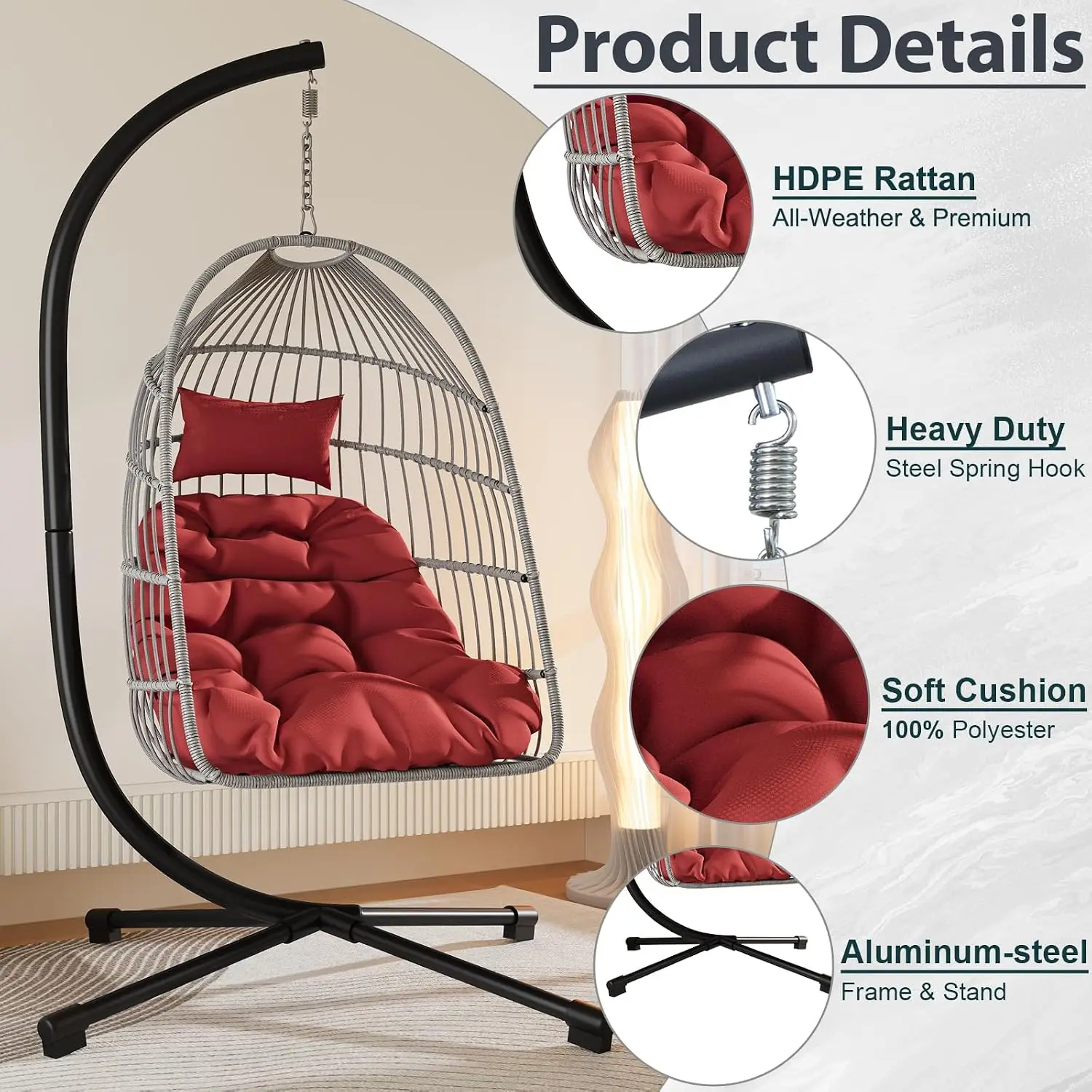 Foldable Hanging Egg Chair, HDPE Rattan & Aluminum-Steel Frame, Outdoor Patio Swing with Headrest Cushion, 350 Lbs, Customized