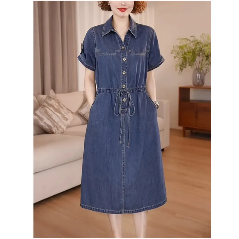 Denim Dress For women Summer 2026 New Female Single Breasted Short sleeved Slim Temperament Casual Dresses With pockets - view 2