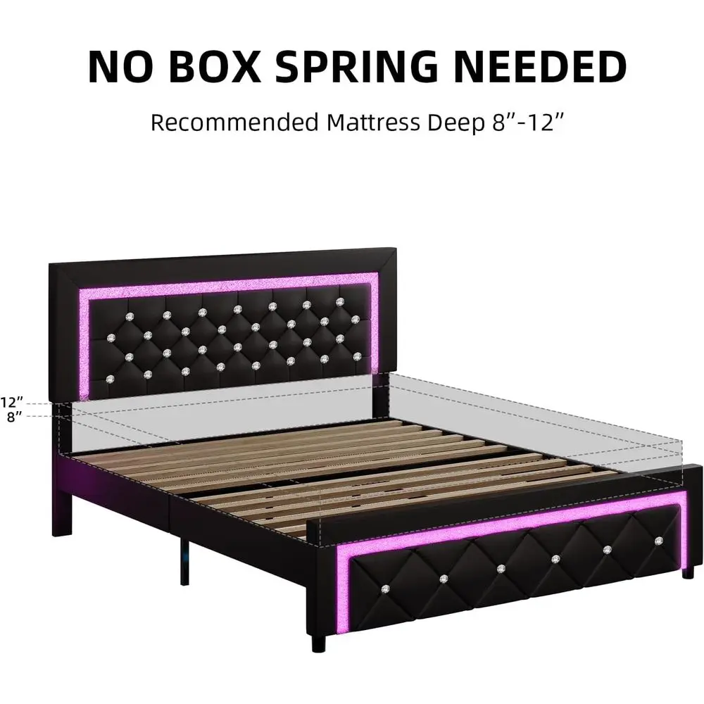 سرير بمنصة منجدة مضيئة بإضاءة LED مع لوح رأسي معنقدة بالألماس، لا يتطلب صندوق زنبركي، هادئ، سهل التجميع، أسود