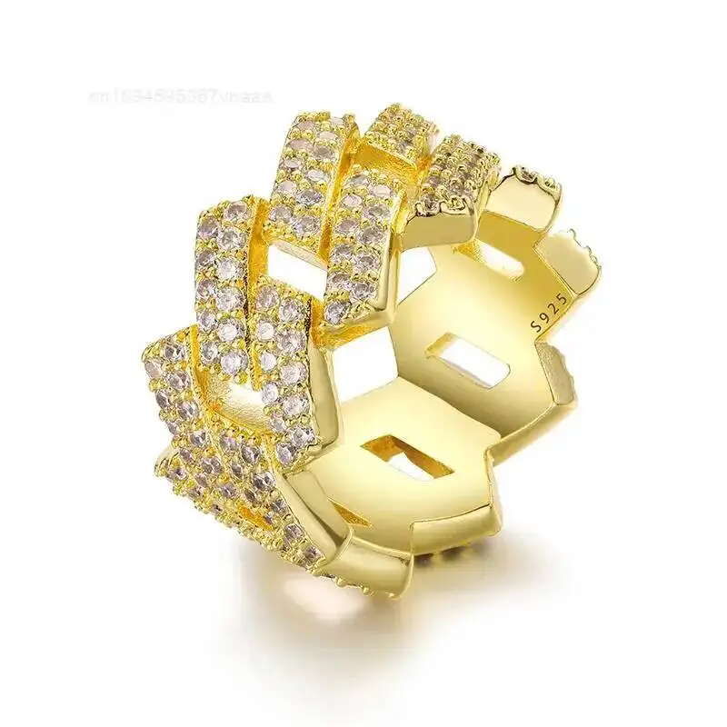 

Dropshipping Factory Price Gold Plated 925 Sterling Silver VVS Moissanite Diamond Cuban Link Chain Band Ring for Men