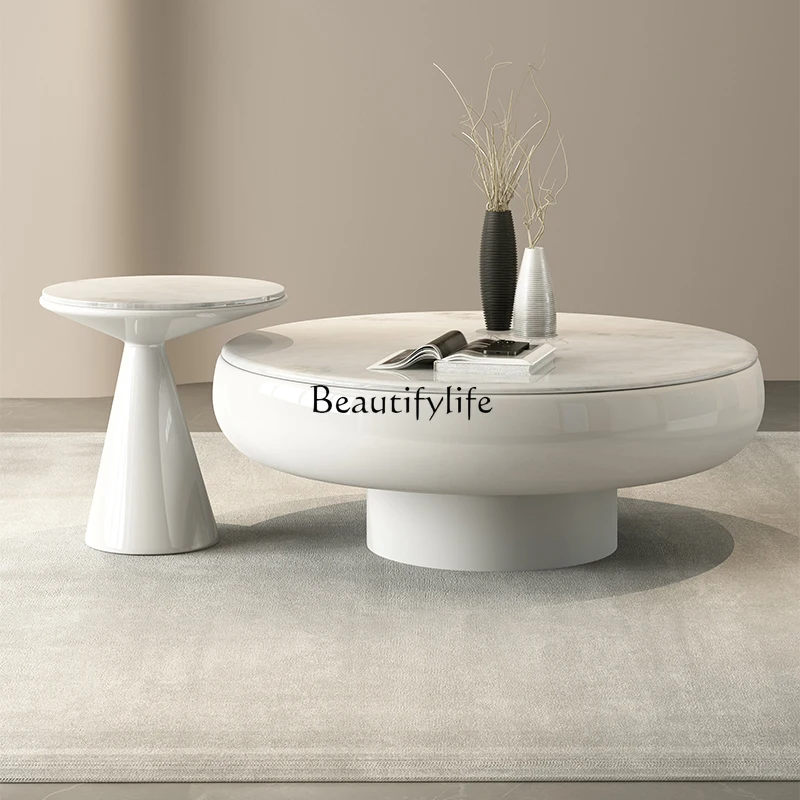 

02Natural luxury stone modern cream style high sense simple creative white round coffee table
