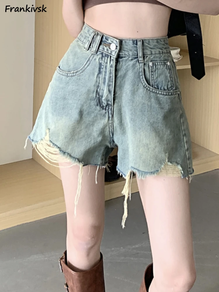 

Denim Shorts Women Summer Korean Style High Waist Solid Simple Street Comfortable Slim Bleached Hole Leisure Trouser Ripped