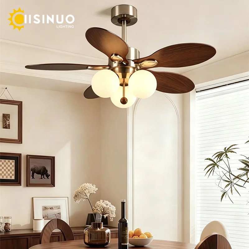 36/42/48 Inch Walnut Wood 5 Blades Ceiling Fan Lights 35W Dimmable Silent Brushless Copper Motor Matte Iron Frame Acrylic Shades