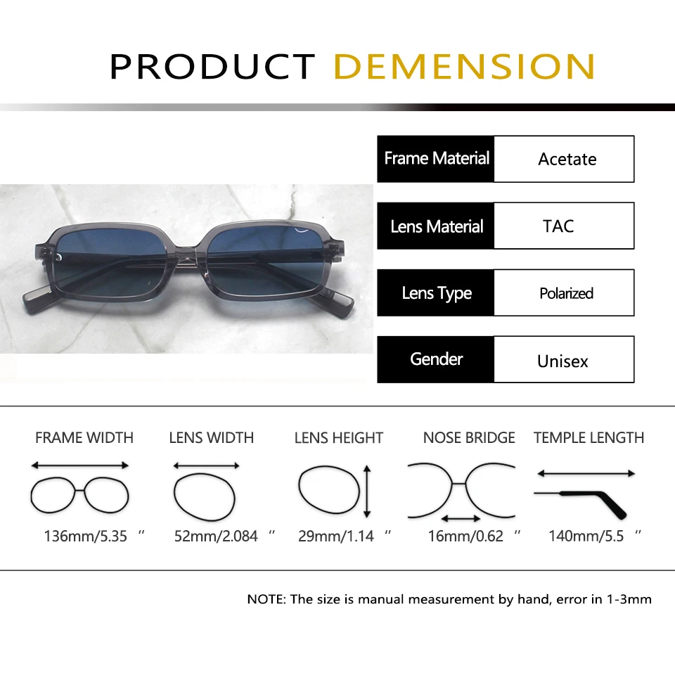 Y2K Acetate Frame Small Rectangle Sunglasses Women Polarized Sun Glasses For Men Outdoor Gradient Lenses Korean Style UV400