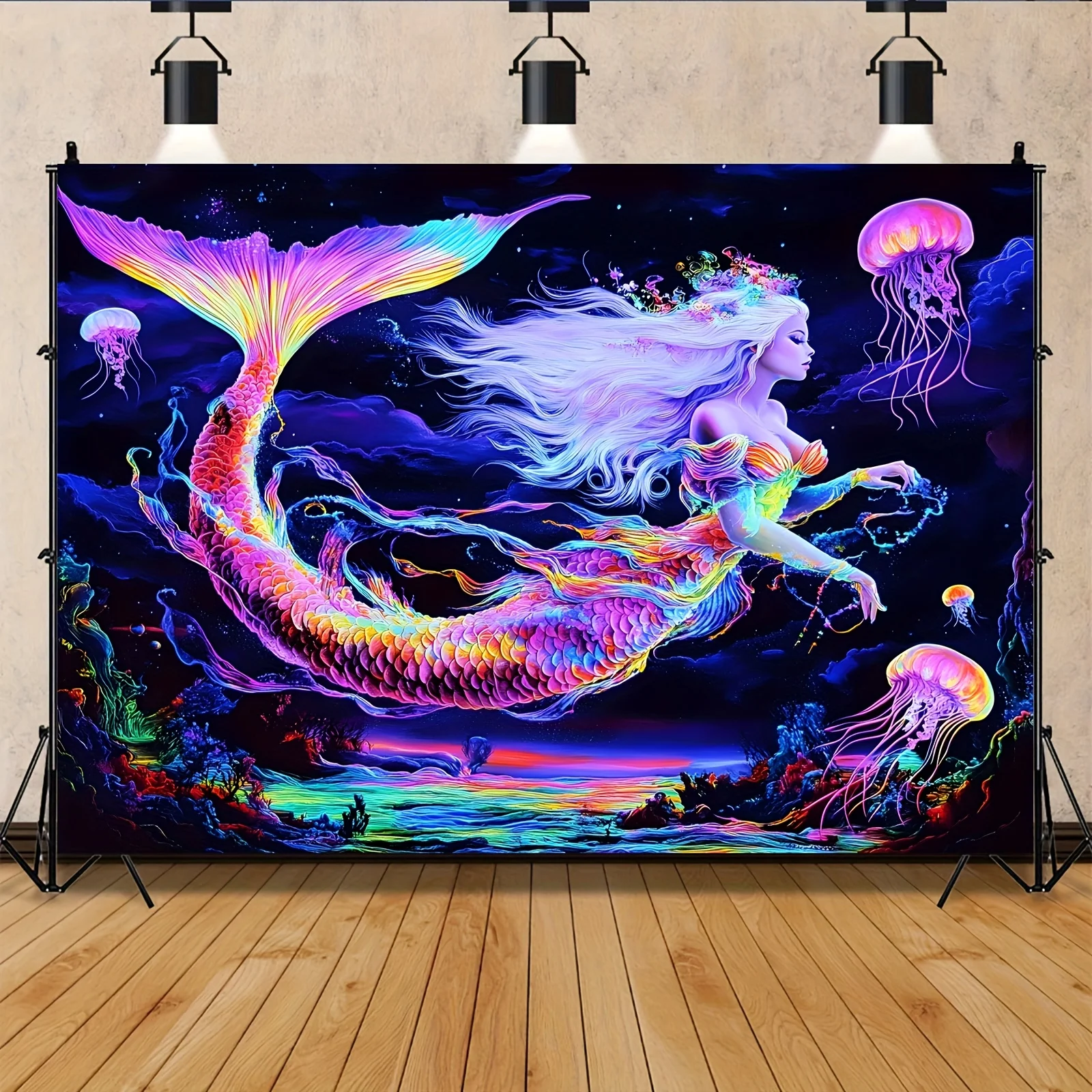 VIKAMA Psychedelic Neon Mermaid Tapestry Wall Hanging Home Decor for Bedroom Living Room Dorm Black Light Lamp Ocean Living