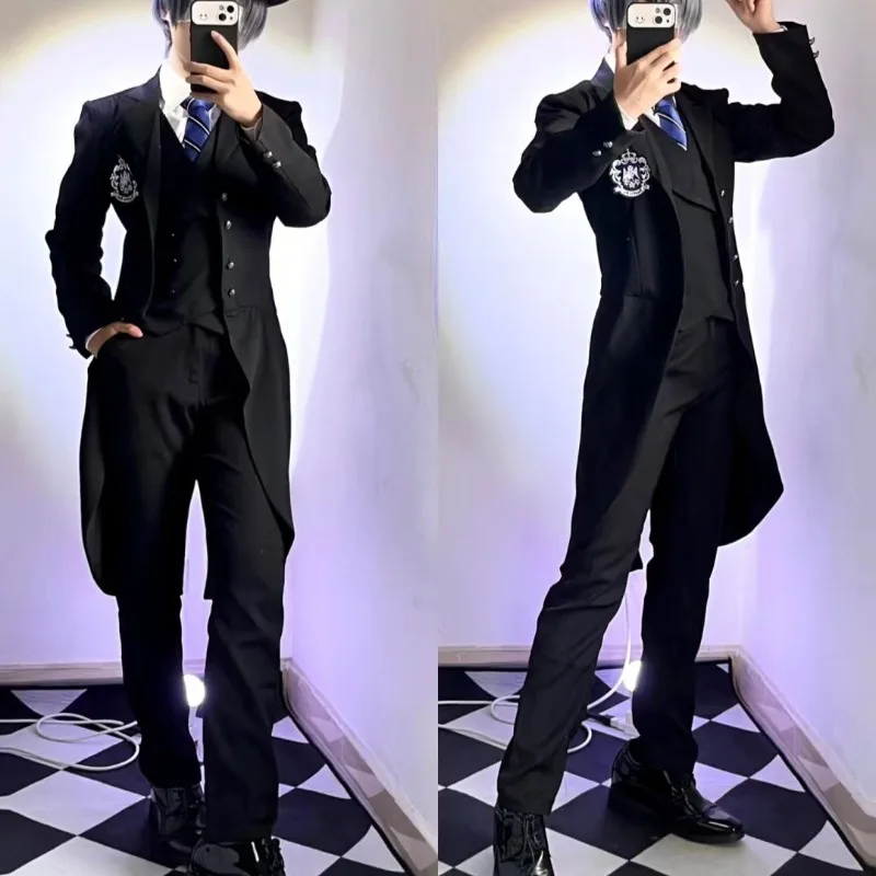 

Anime Ciel Phantomhive Cosplay Costume White Shirt Black Coat Pants Uniform Western-style Clothes Full Set for Men Theme Party