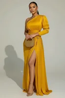 Sexy Formal One Shoulder Evening Dress for Women's Plus Size Split Hem Solid Satin Cocktail Wedding Guest Party Maxi Dress - Image 3