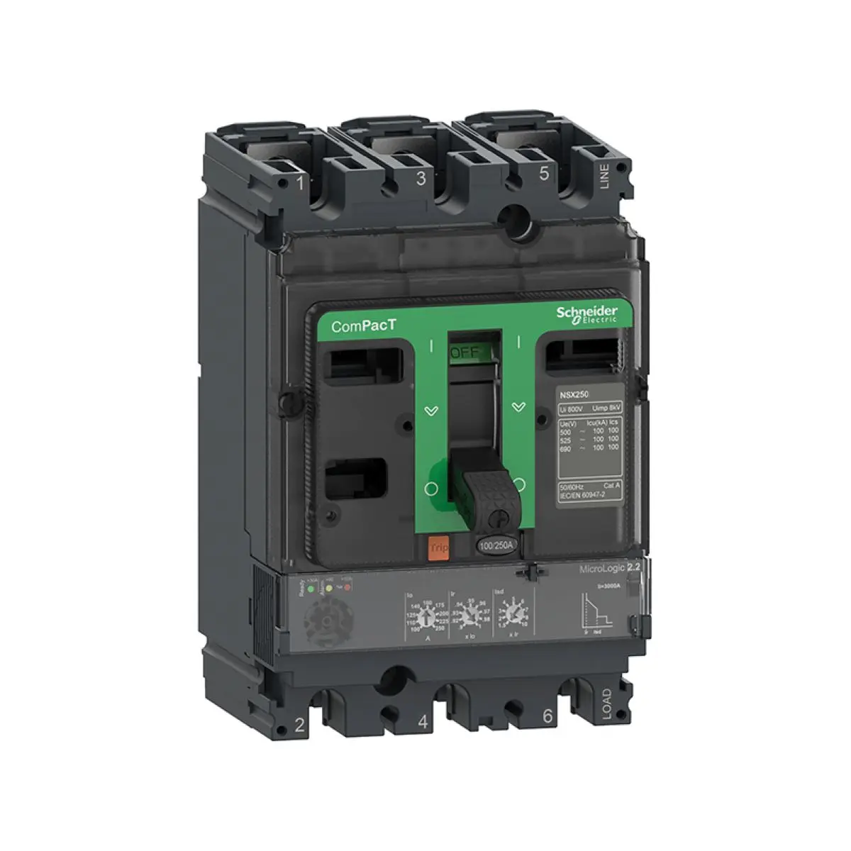 

LV429795 new model C10N32D100 circuit breaker ComPact NSX100N, 50 kA at 415 VAC, MicroLogic 2.2 trip unit 100 A, 3 poles 3d