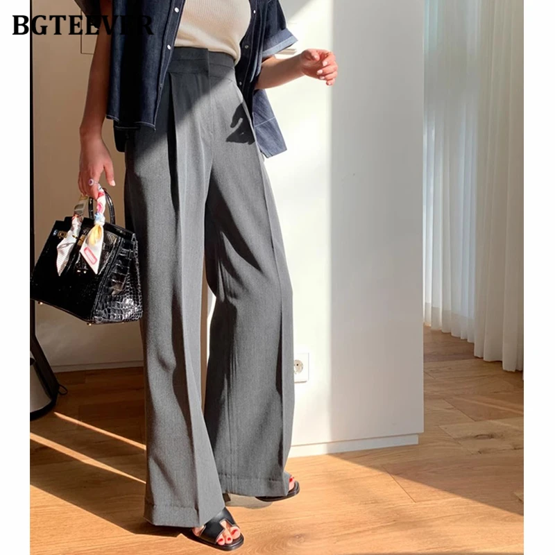 

BGTEEVER Spring Autumn High Waist Ladies Wide Leg Trousers Elegant Loose Pockets Female Suit Pants