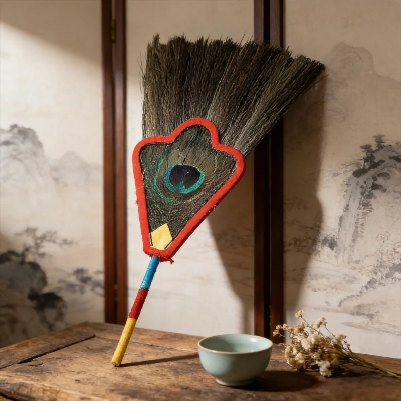 KX4B Elegant Tibetan Peacocks Feathered Hand Fan Wamba Pot Decoration Buddhism Ornament