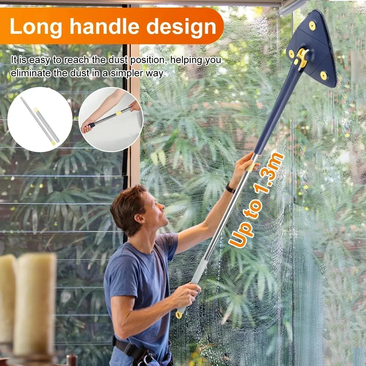 360° Cleaning Mop Rotatable Water Absorption Triangular Mop Foldable Automatic Water Squeezing Wall Cleaning Mop OR 3 Mop Cloth